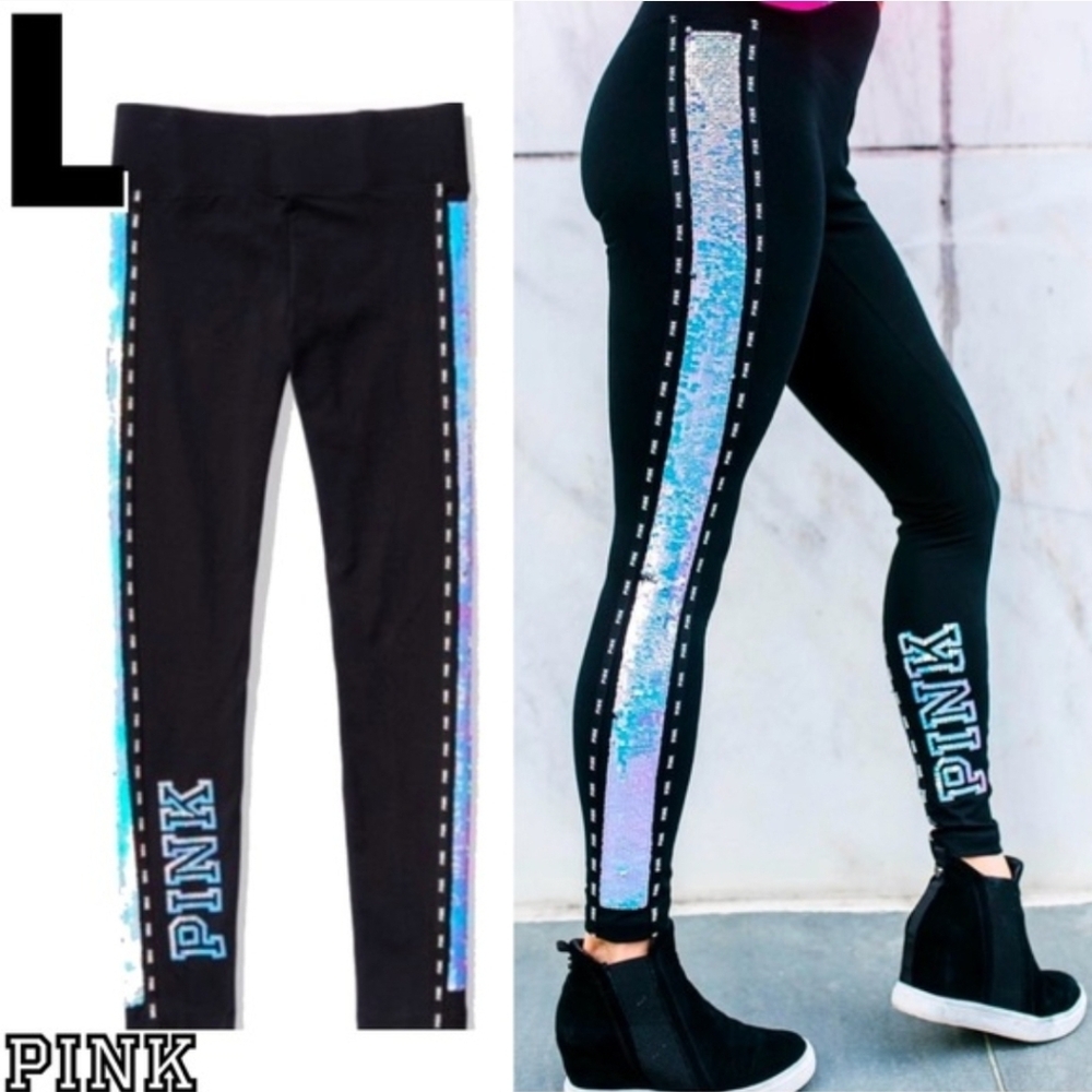 Victoria Secret Pink Black Iridescent Mermaid Flip Sequin Yoga Leggings Large